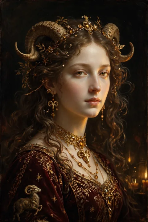Renaissance-style oil portrait of the Aries muse