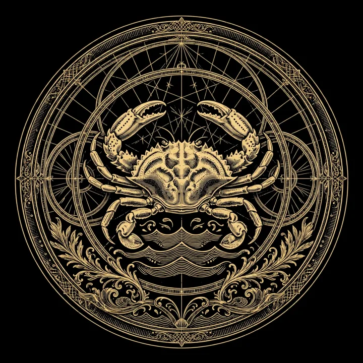 Golden engraved astrolabe emblem of Cancer