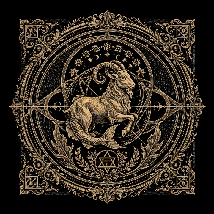 Golden engraved astrolabe emblem of Capricorn