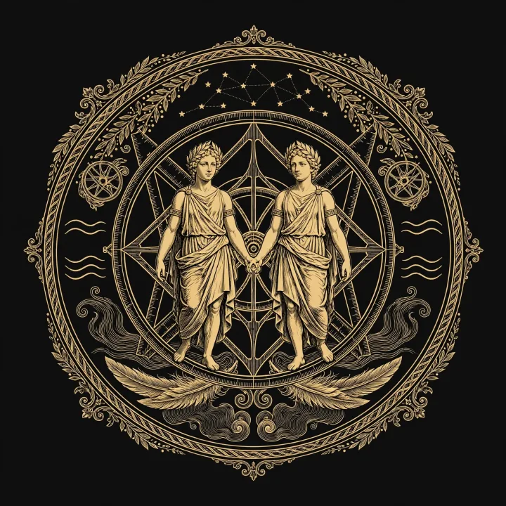 Golden engraved astrolabe emblem of the Twins
