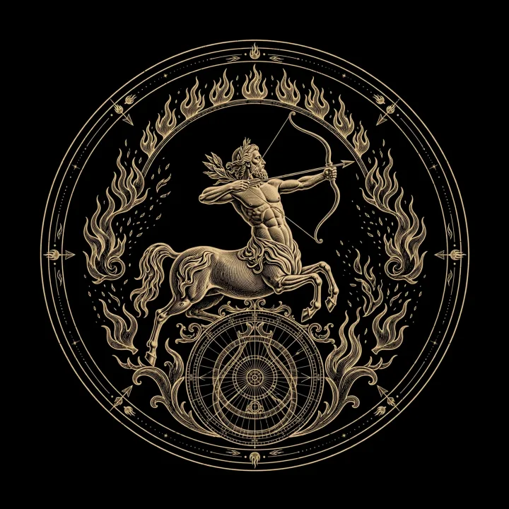 Golden engraved astrolabe emblem of Sagittarius