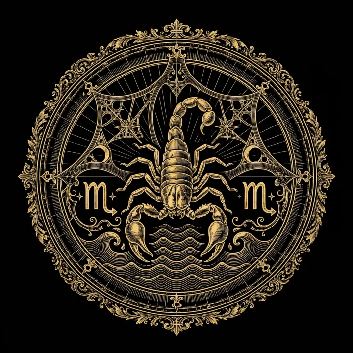 Golden engraved astrolabe emblem of Scorpio