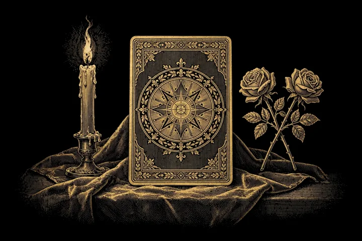 Renaissance oil painting of two lovers across a spread tarot table