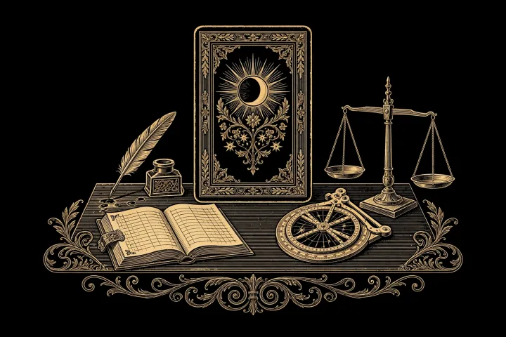 Gold engraving of an upright tarot card on a merchant desk