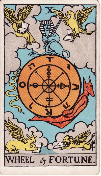 The Wheel of Fortune tarot card face